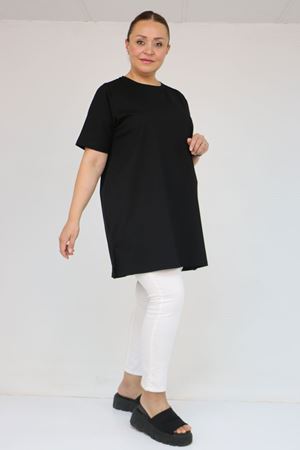 58505 Büyük Beden Yakası Ribanalı Suprem Tişört - Siyah