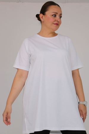 58505 Büyük Beden Yakası Ribanalı Suprem Tişört - Beyaz