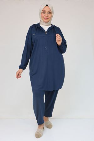 57021 Büyük Beden Düşük Kol Kapüşonlu Penye Pantolonlu Takım - Lacivert