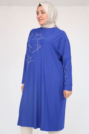 58080 Büyük Beden Düşük Kol Taş Detaylı Penye Tunik - İndigo