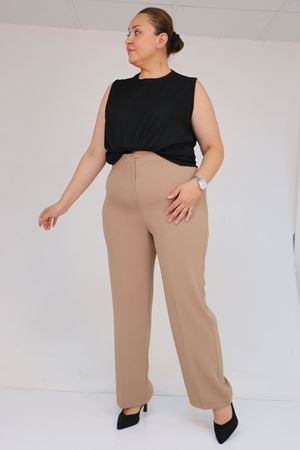 59016 Büyük Beden Beli Düğmeli Krep Pantolon - Vizon
