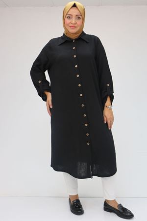 48058 Büyük Beden  Düğmeli Müslin Gömlek - Siyah