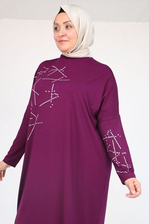 58080 Büyük Beden Düşük Kol Taş Detaylı Penye Tunik - Mürdüm