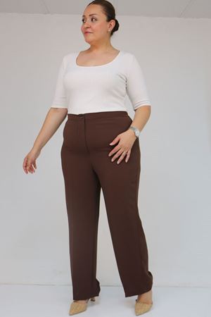 59016 Büyük Beden Beli Düğmeli Krep Pantolon - Kahve