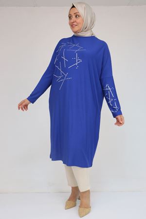 58080 Büyük Beden Düşük Kol Taş Detaylı Penye Tunik - İndigo