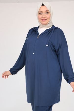 57021 Büyük Beden Düşük Kol Kapüşonlu Penye Pantolonlu Takım - Lacivert