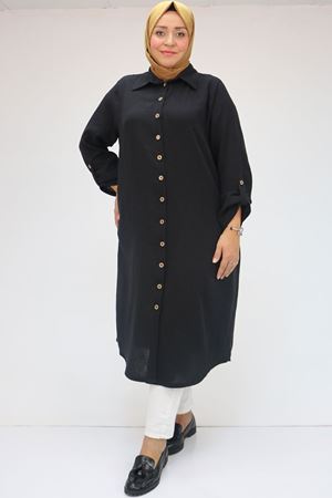 48058 Büyük Beden  Düğmeli Müslin Gömlek - Siyah