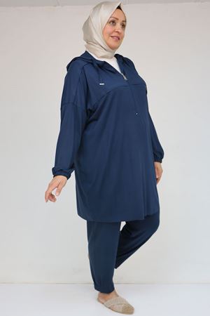 57021 Büyük Beden Düşük Kol Kapüşonlu Penye Pantolonlu Takım - Lacivert