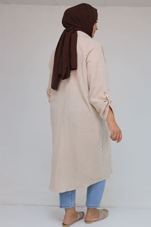 48058 Büyük Beden Düğmeli Müslin Gömlek - Bej