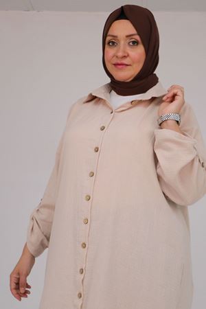 48058 Büyük Beden Düğmeli Müslin Gömlek - Bej
