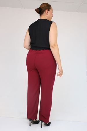 59016 Büyük Beden Beli Düğmeli Krep Pantolon - Bordo
