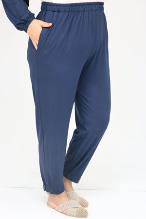 57021 Büyük Beden Düşük Kol Kapüşonlu Penye Pantolonlu Takım - Lacivert