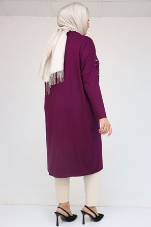 58080 Büyük Beden Düşük Kol Taş Detaylı Penye Tunik - Mürdüm