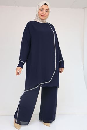 47064 Büyük Beden Taş Baskı Detaylı Sandy Şifon Pantolonlu Takım - Lacivert