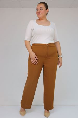 59016 Büyük Beden Beli Düğmeli Krep Pantolon - Hardal