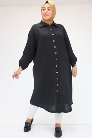 48058 Büyük Beden  Düğmeli Müslin Gömlek - Siyah