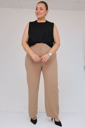 59016 Büyük Beden Beli Düğmeli Krep Pantolon - Vizon