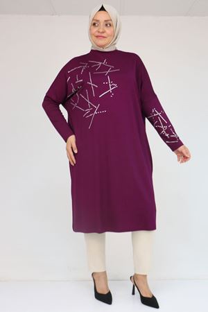 58080 Büyük Beden Düşük Kol Taş Detaylı Penye Tunik - Mürdüm