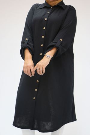 48058 Büyük Beden  Düğmeli Müslin Gömlek - Siyah