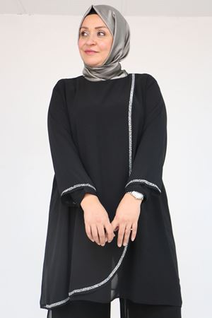 47064 Büyük Beden Taş Baskı Detaylı Sandy Şifon Pantolonlu Takım - Siyah