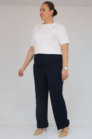 59016 Büyük Beden Beli Düğmeli Krep Pantolon - Lacivert