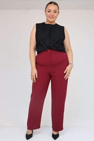 59016 Büyük Beden Beli Düğmeli Krep Pantolon - Bordo