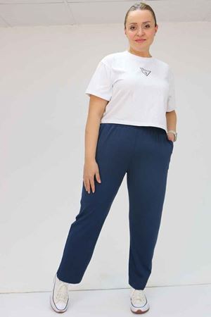 39001 Büyük Beden Yüksek Beli Lastikli Penye Pantolon - Koyu Lacivert