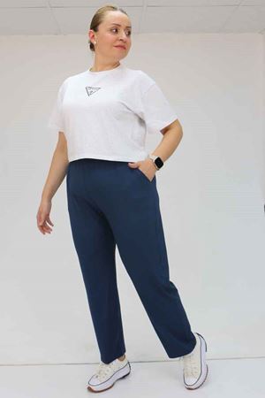 39001 Büyük Beden Yüksek Beli Lastikli Penye Pantolon - Koyu Lacivert