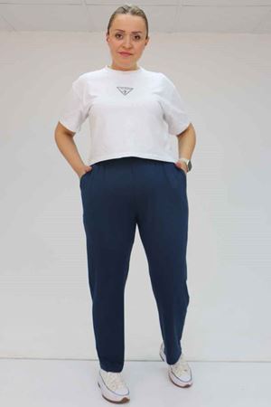 39001 Büyük Beden Yüksek Beli Lastikli Penye Pantolon - Koyu Lacivert