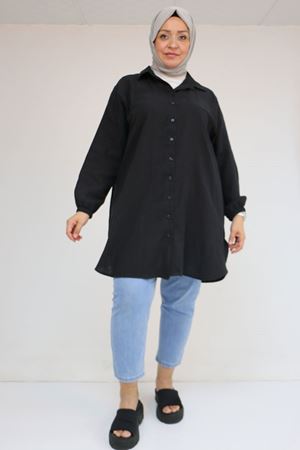 58091 Büyük Beden Kolları Lastikli Müslin Gömlek - Siyah