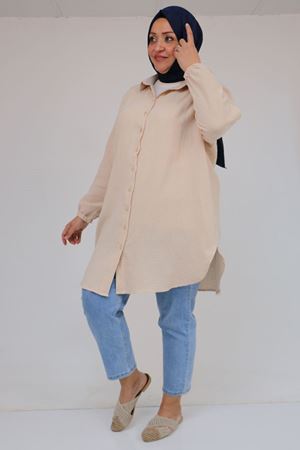 58091 Büyük Beden Kolları Lastikli Müslin Gömlek - Bej