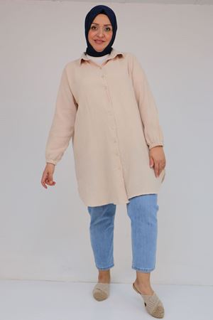 58091 Büyük Beden Kolları Lastikli Müslin Gömlek - Bej