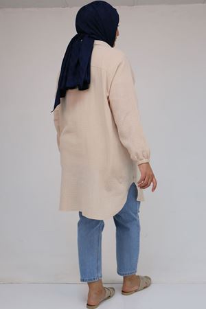 58091 Büyük Beden Kolları Lastikli Müslin Gömlek - Bej