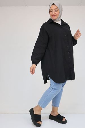 58091 Büyük Beden Kolları Lastikli Müslin Gömlek - Siyah