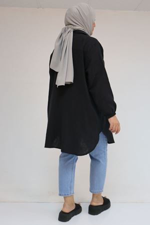 58091 Büyük Beden Kolları Lastikli Müslin Gömlek - Siyah