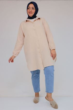 58091 Büyük Beden Kolları Lastikli Müslin Gömlek - Bej