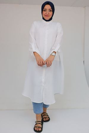 58092 Büyük Beden Çift Düğme Detaylı Müslin Gömlek - Ekru