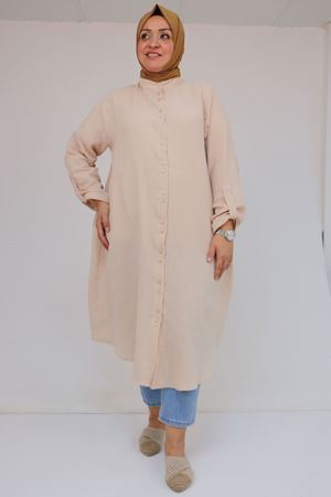 58092 Büyük Beden Çift Düğme Detaylı Müslin Gömlek - Bej