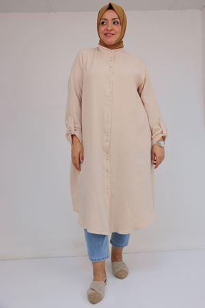 58092 Büyük Beden Çift Düğme Detaylı Müslin Gömlek - Bej