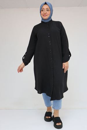58092 Büyük Beden Çift Düğme Detaylı Müslin Gömlek - Siyah