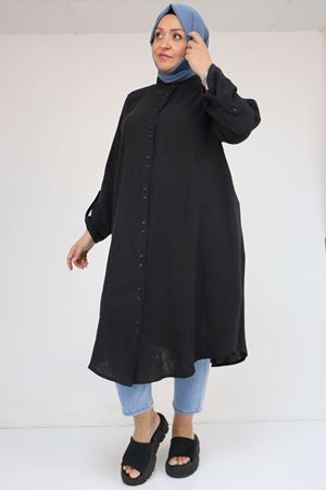 58092 Büyük Beden Çift Düğme Detaylı Müslin Gömlek - Siyah