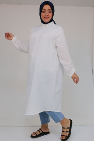 58092 Büyük Beden Çift Düğme Detaylı Müslin Gömlek - Ekru