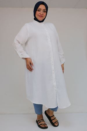 58092 Büyük Beden Çift Düğme Detaylı Müslin Gömlek - Ekru