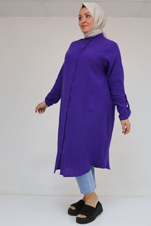 58092 Büyük Beden Çift Düğme Detaylı Müslin Gömlek - Mor