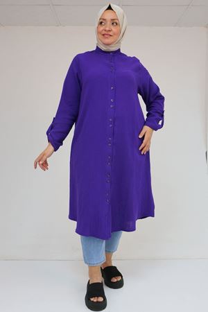 58092 Büyük Beden Çift Düğme Detaylı Müslin Gömlek - Mor
