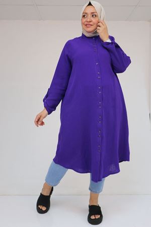 58092 Büyük Beden Çift Düğme Detaylı Müslin Gömlek - Mor