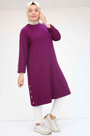 38015  Büyük Beden Düğme Detaylı Penye Tunik - Mürdüm