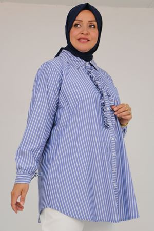 58075-1 Büyük Beden Önü Fırfır Detaylı Erkek Yaka Poplin Gömlek - Çizgili Lacivert