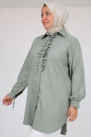 58075 Büyük Beden Önü Fırfır Detaylı Erkek Yaka Gömlek - Nefti Kırçıllı