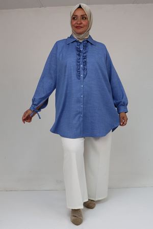 58075 Büyük Beden Önü Fırfır Detaylı Erkek Yaka Gömlek - İndigo Kırçıllı